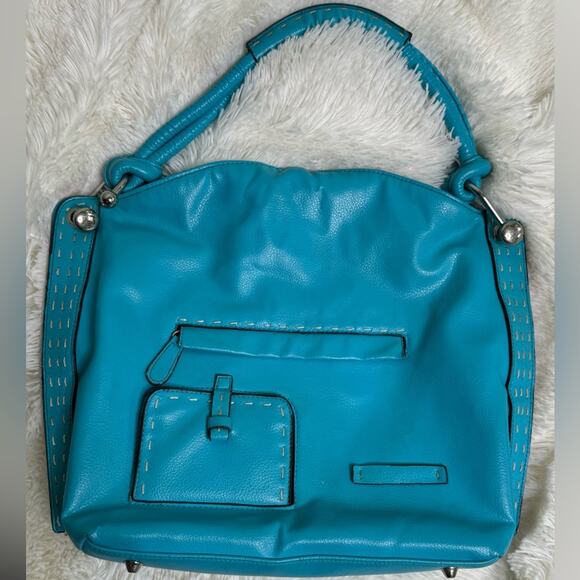 Turquoise Faux Leather Shoulder Bag with Silvertone Hardware - Picture 2 of 13